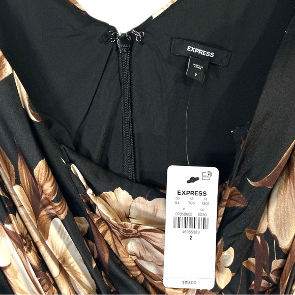 NWT Express Satin Floral Draped Neck Ruched Midi Sheath Dress Size 2 - Picture 10 of 12